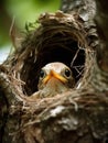 A singing bird peeks out of the nest nest the bird is chirping and the nest looks very spectacular and amazing.