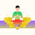 Singing bowl concept with calm man sitting between singing bowls with his eyes closed