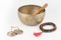 Singing Bowl, Prayer Beads and Meditation Bells. Royalty Free Stock Photo