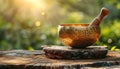 Singing bowl for relaxation massage and meditation. Himalayan and Tibetan alternative medicine concept