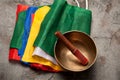 Singing Bowl and the Tibetan Prayer Flags Royalty Free Stock Photo