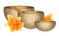Three golden Tibetan singing bowls with flowers isolated on white background