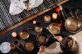 Singing bowls top view, sound healing alternative therapy. Overhead view