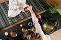 Singing bowls top view, sound healing alternative therapy. Overhead view