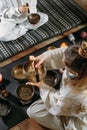 Singing bowls top view, sound healing alternative therapy. Overhead view