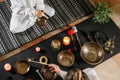 Singing bowls top view, sound healing alternative therapy. Overhead view