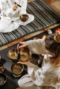 Singing bowls top view, sound healing alternative therapy. Overhead view