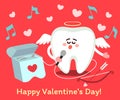 Singing cartoon tooth Cupid with dental floss. Happy Valentine`s Day! Greeting card from dentistry