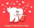 Singing cartoon tooth Cupid with harp. Happy Valentine`s Day! Greeting card from dentistry