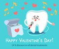 Singing cartoon tooth with dental floss. Valentine`s Day. Greeting card from dentistry