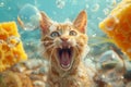 Singing cat caricature with sponge and bubbles - whimsical cartoon fantasy illustration