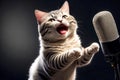 Singing cat with a microphone. Funny cat sings on a dark background