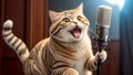 Singing cat with a microphone. Funny cat sings on a dark background