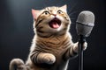 Singing cat with a microphone. Funny cat sings on a dark background