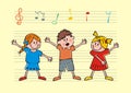 Singing children, at the background are stave and music notes