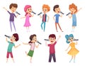 Singing childrens. Male and female kids standing with microphones music performance karaoke talent vector cartoons