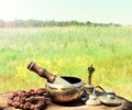 Singing a copper bowl and religious items