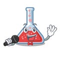 Singing erlenmeyer flask above wooden cartoon table