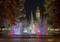 The Singing Fountain with the Cathedral of St. Elizabeth in the background at night. Kosice. Royalty Free Stock Photo
