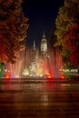 The Singing Fountain with the Cathedral of St. Elizabeth in the background at night. Kosice. Slovakia Royalty Free Stock Photo