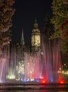 The Singing Fountain with the Cathedral of St. Elizabeth in the background at night. Kosice. Slovakia Royalty Free Stock Photo