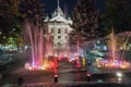 Singing fountain and State Theater at night in Kosice, Slovakia. Royalty Free Stock Photo