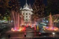Singing fountain and State Theater at night in Kosice, Slovakia. Royalty Free Stock Photo