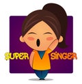 Singing girl with brown ponytail and purple background, illustration, vector