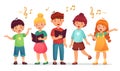 Singing kids. Music school, kid vocal group and children choir sing cartoon vector illustration Royalty Free Stock Photo