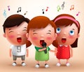 Singing kids vector characters holding microphone and performing