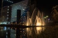 Singing light and music fountain on background of panorama of beautiful buildings at night Royalty Free Stock Photo