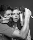 Singing man and woman in a recording studio. Sensual couple with microphone. Karaoke signer, musical vocalist. Royalty Free Stock Photo