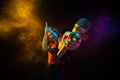 Singing with microphone. Young woman with smoke and neon light on black background. Highly tensioned, wide angle, fish Royalty Free Stock Photo