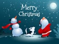 Singing Santa Claus, dog and snowman. Christmas snow scene. Royalty Free Stock Photo