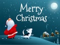 Singing Santa Claus, dog and snowman. Christmas snow scene. Royalty Free Stock Photo