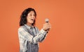 singing a song with a microphone. having a party. Happy woman with microphone. karaoke concept. Singing Songs. public