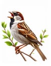 Singing Sparrow on Branch with Green Leaves Royalty Free Stock Photo