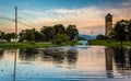 The singing tower and a pond in Carillon Park, Luray, Virginia. Royalty Free Stock Photo