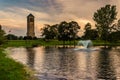 The singing tower and a pond in Carillon Park, Luray, Virginia. Royalty Free Stock Photo