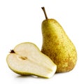 Single abate fetel pear next to a half of pear isolated on white