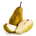 Single abate fetel pear next to a half and a slice of pear isolated on white.