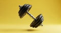 Adjustable Dumbbell with Black Weight Plates on a Yellow Background weights weightlifting Royalty Free Stock Photo