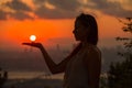 Single adult woman silhouette at sunset Royalty Free Stock Photo