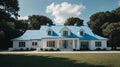 single aesthetic white house with blue roof ai generated Royalty Free Stock Photo
