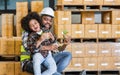 Single African father worker, hug his son, holding cup coffee, burger, having lunch together, happy smiling, taking break, work in Royalty Free Stock Photo