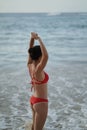 Single Asian Chinese woman at the beach with her back facing the camera