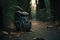 Single backpack in the middle of nowhere on a lonely road or path in the woods