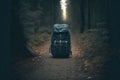 Single backpack in the middle of nowhere on a lonely road or path in the woods