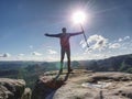 Single backpacking and hiking. Man free walking in nature