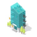 Single bank building. Glass facade suite apartments. Staircase black exit. Modern style architecture. Vector Isometric